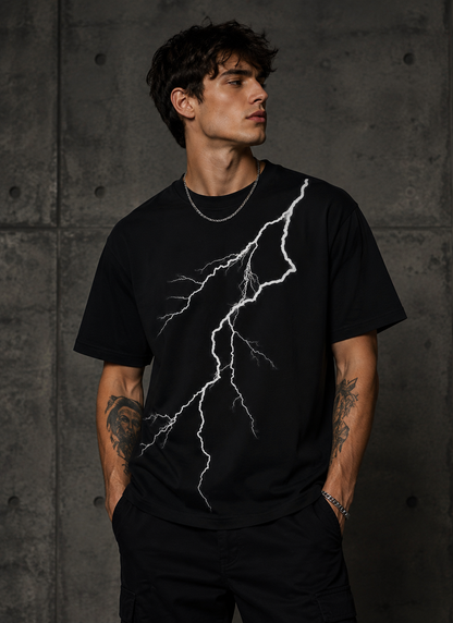 HEFNEX Thunderstrike Black Graphic T-Shirt for Men – Lightning Print Streetwear Tee