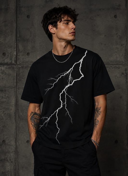 HEFNEX Thunderstrike Black Graphic T-Shirt for Men – Lightning Print Streetwear Tee