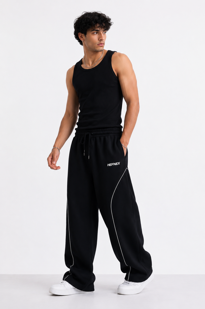 HEFNEX Black Wide-Leg Track Pants for Men | Oversized Relaxed Fit Joggers with Reflective Detail