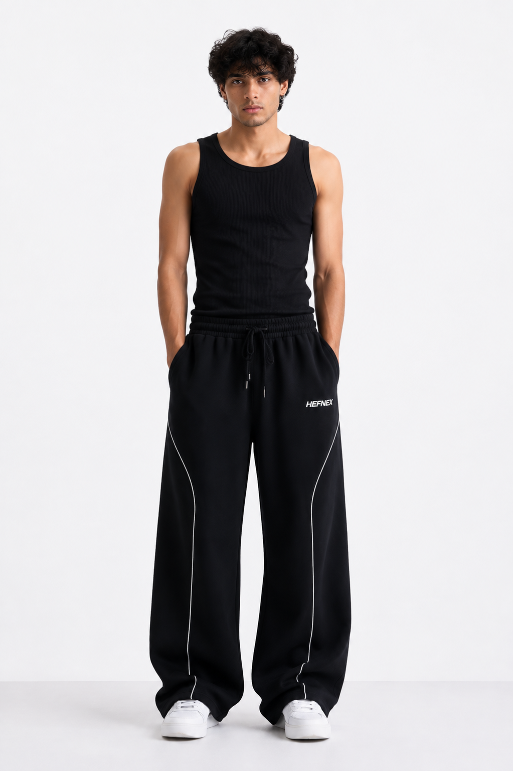 HEFNEX Black Wide-Leg Track Pants for Men | Oversized Relaxed Fit Joggers with Reflective Detail
