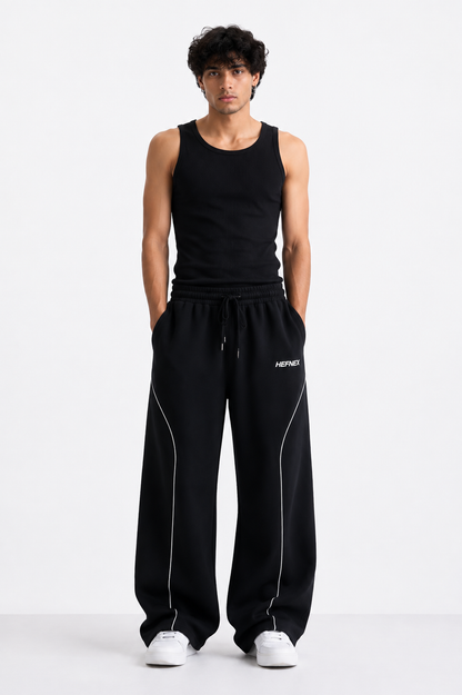 HEFNEX Black Wide-Leg Track Pants for Men | Oversized Relaxed Fit Joggers with Reflective Detail