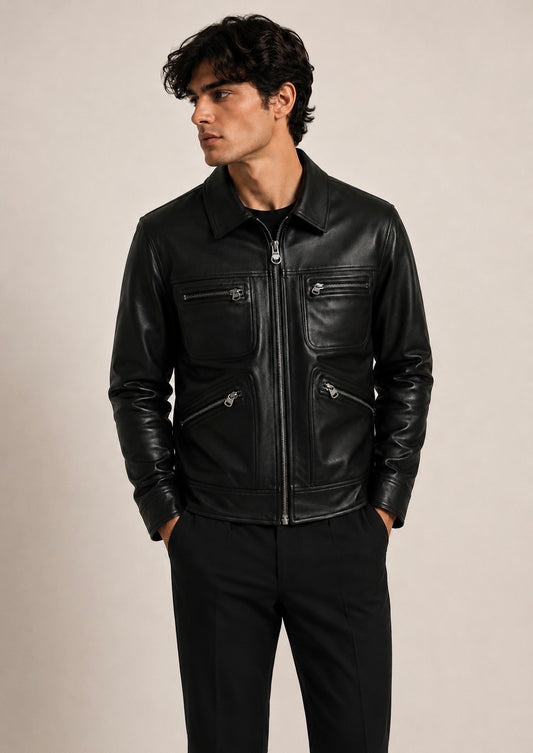 HEFNEX Men’s Premium Black Leather Jacket – Classic Zip-Up Biker Jacket | Stylish Everyday Outerwear