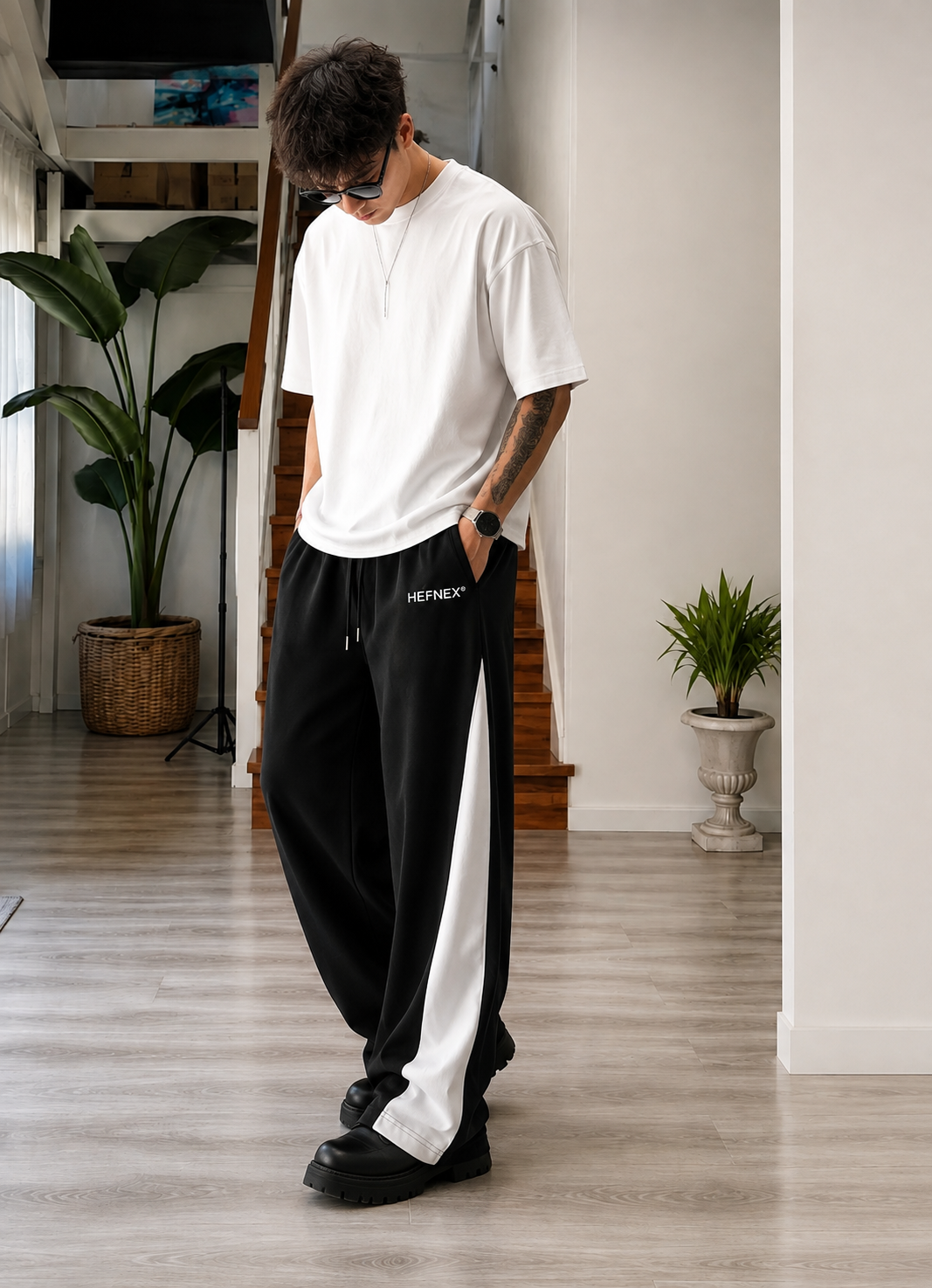 HEFNEX Black & White Oversized Track Pants | Baggy Relaxed Fit Streetwear Joggers