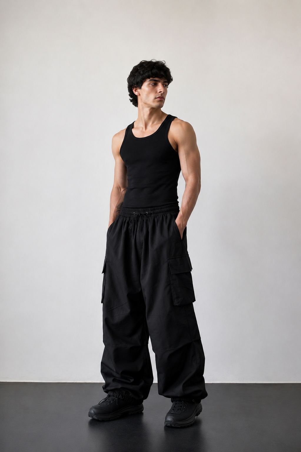 HEFNEX Black Oversized Cargo Joggers for Men – Baggy Streetwear Utility Pants with Multi Pockets