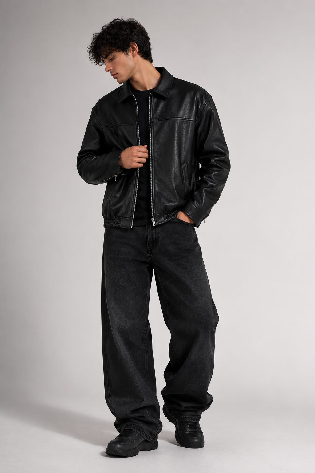 HEFNEX|Men’s Black Leather Bomber Jacket – Modern Oversized Casual Fit