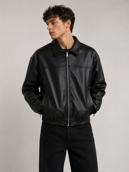HEFNEX|Men’s Black Leather Bomber Jacket – Modern Oversized Casual Fit