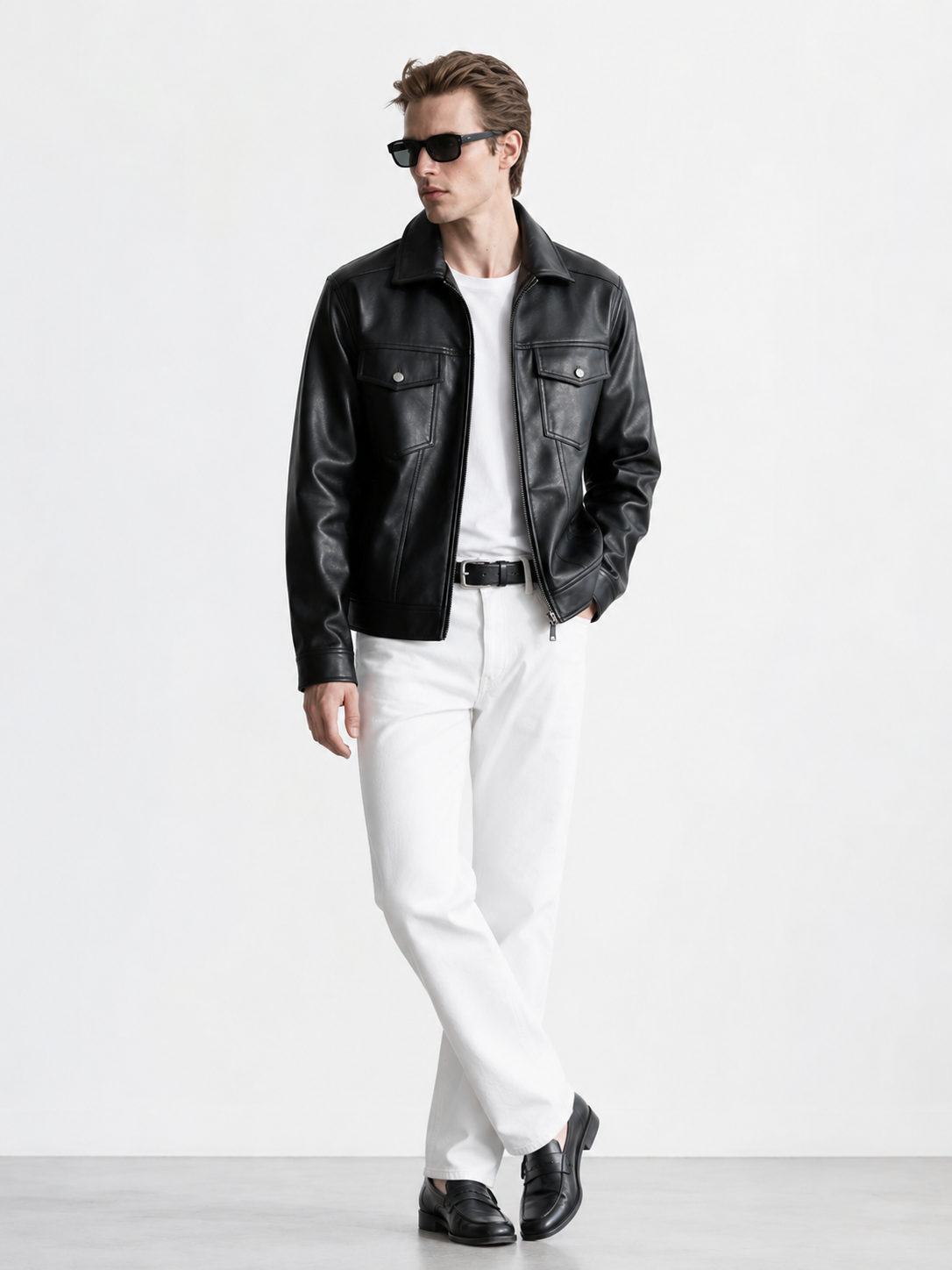 HEFNEX Men’s Black Leather Trucker Jacket – Classic Front Zip Closure with Flap Pockets and Timeless Stylish Design