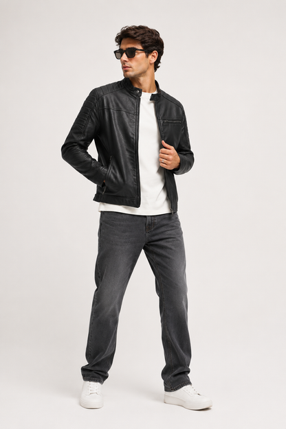 HEFNEX Men’s Black TR Leather Biker Jacket – Premium Casual Motorcycle Style