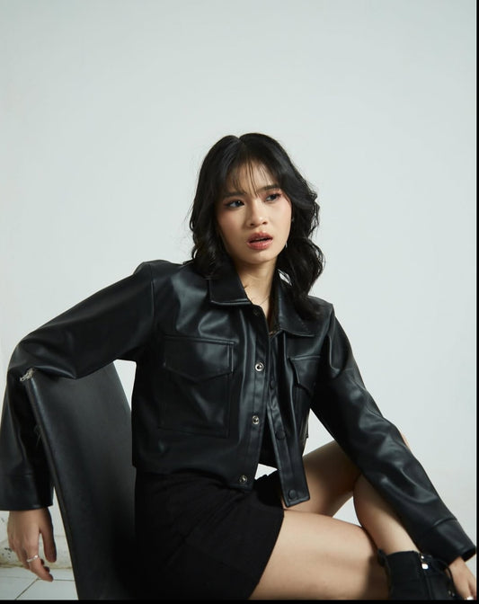 HEFNEX Women's Urban Rebel Faux Leather Cropped Jacket with Pocket Detail & Street Style Edge