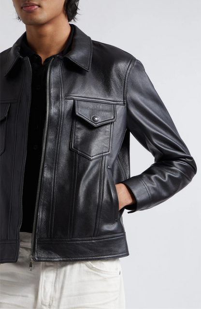 HEFNEX Men’s Black Leather Trucker Jacket – Classic Front Zip Closure with Flap Pockets and Timeless Stylish Design