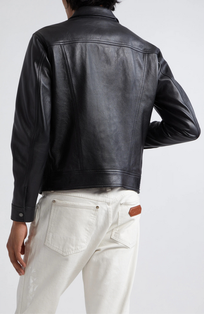 HEFNEX Men’s Black Leather Trucker Jacket – Classic Front Zip Closure with Flap Pockets and Timeless Stylish Design