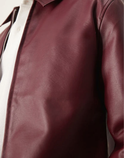 HEFNEX Modern Classic: Collared Leather Jacket in Rich Maroon