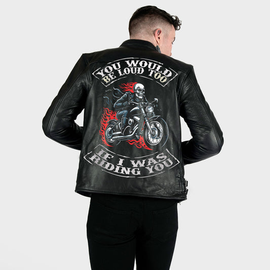 Midnight Rebel Rider Moto Jacket – Bold Skull & Motorcycle Graphic with Fiery Flames