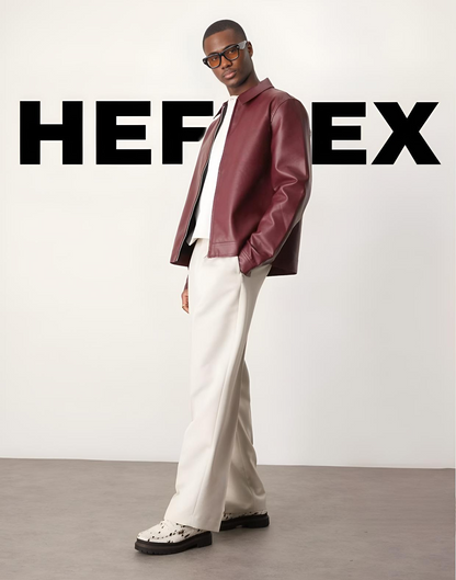 HEFNEX Modern Classic: Collared Leather Jacket in Rich Maroon