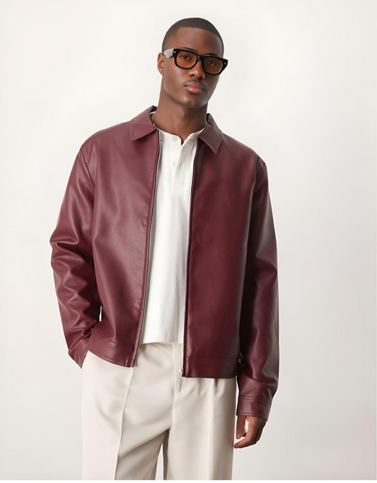 HEFNEX Modern Classic: Collared Leather Jacket in Rich Maroon