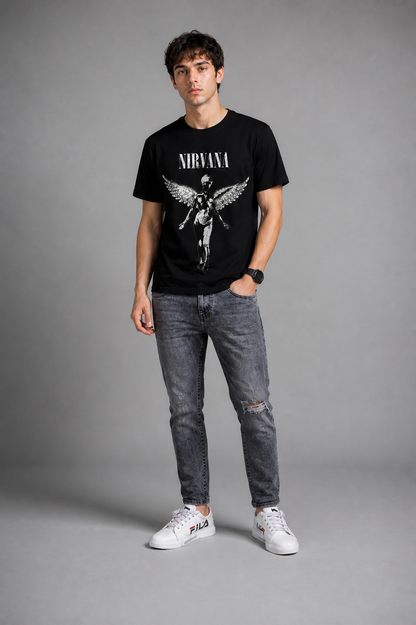 HEFNEX Grunge Nirvana Graphic Tee – Black Angel Wings Edition Dark Aesthetic
