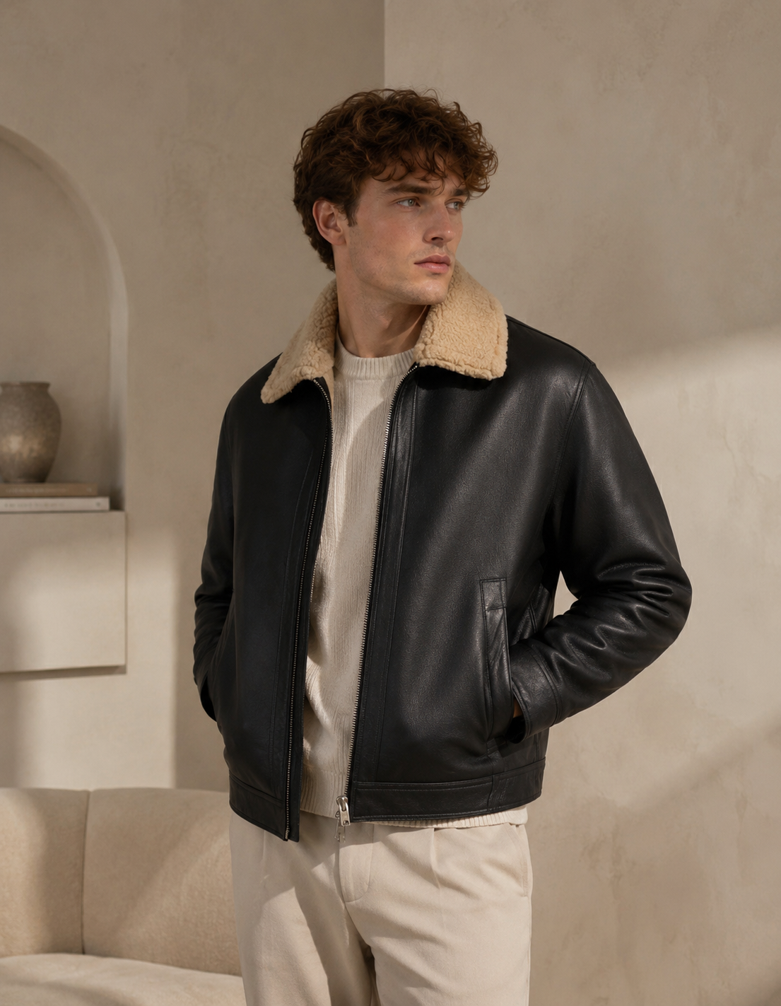 HEFNEX Premium Winter Leather Jacket for Men – Classic Black Shearling Collar Edition