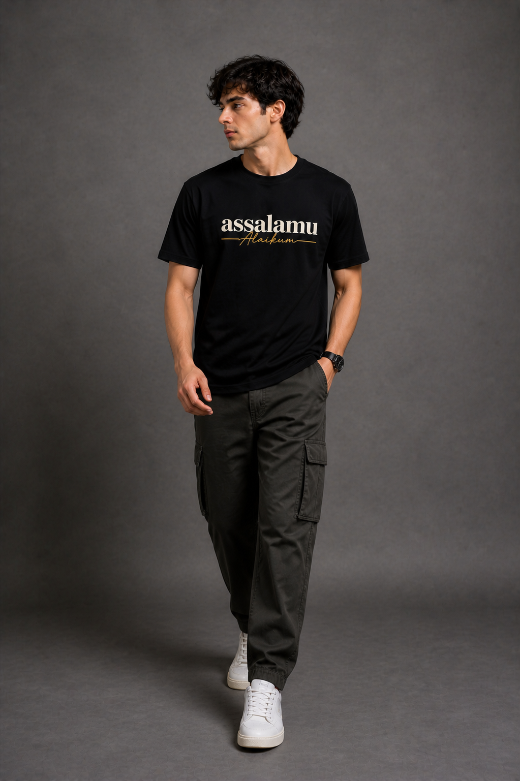 HEFNEX Assalamu Alaikum Printed T-Shirt – Elegant Minimal Typography | Black Cotton Casual Tee for Men