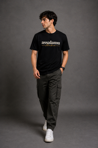 HEFNEX Assalamu Alaikum Printed T-Shirt – Elegant Minimal Typography | Black Cotton Casual Tee for Men