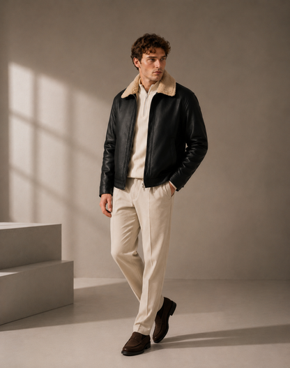 HEFNEX Premium Winter Leather Jacket for Men – Classic Black Shearling Collar Edition