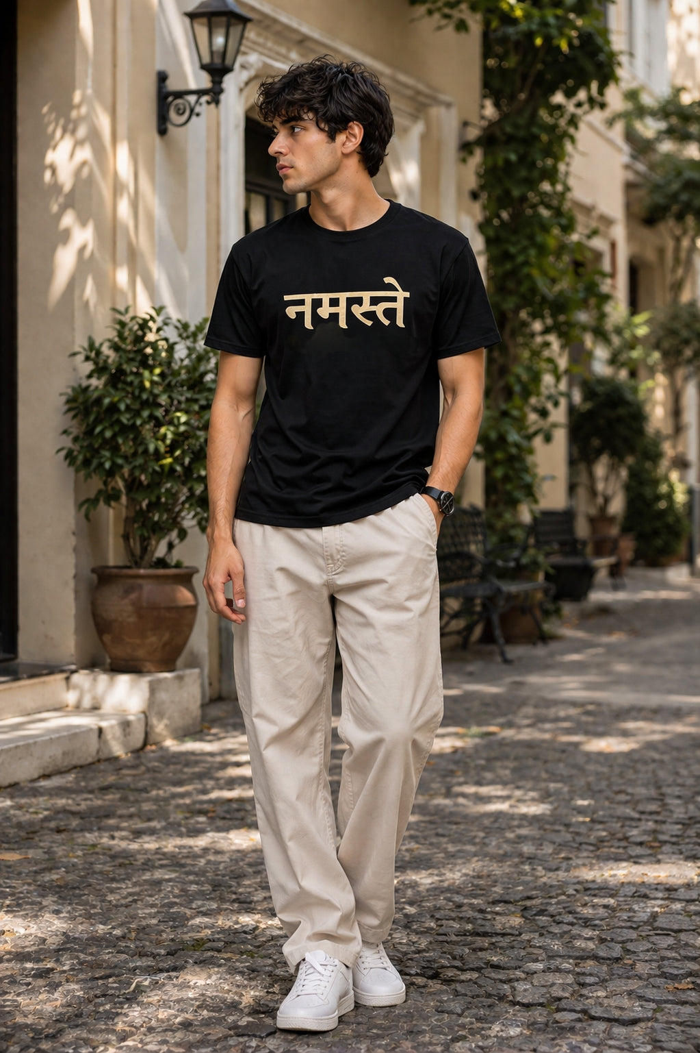 HEFNEX Men’s Premium नमस्ते Printed T-Shirt – Minimal Hindi Calligraphy Black Tee | Stylish Casual Wear
