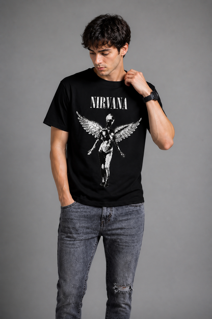 HEFNEX Grunge Nirvana Graphic Tee – Black Angel Wings Edition Dark Aesthetic