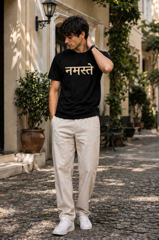HEFNEX Men’s Premium नमस्ते Printed T-Shirt – Minimal Hindi Calligraphy Black Tee | Stylish Casual Wear