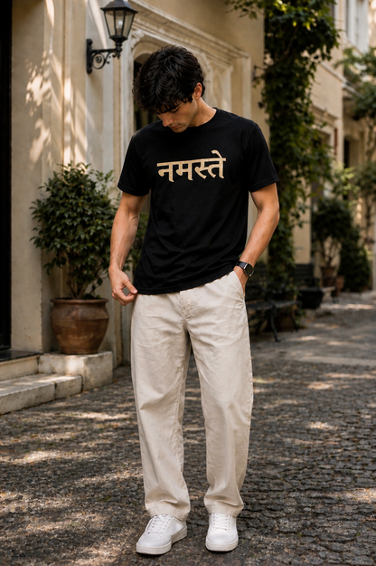 HEFNEX Men’s Premium नमस्ते Printed T-Shirt – Minimal Hindi Calligraphy Black Tee | Stylish Casual Wear