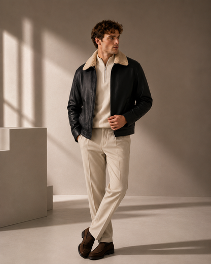 HEFNEX Premium Winter Leather Jacket for Men – Classic Black Shearling Collar Edition