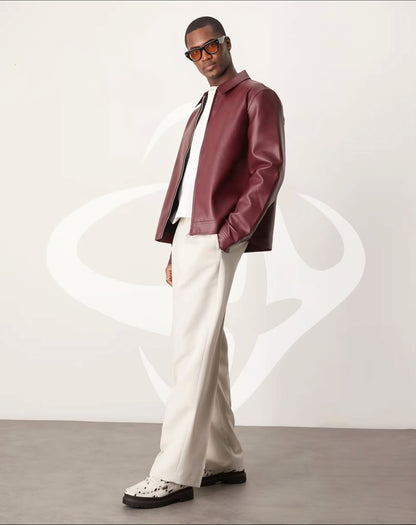 HEFNEX Modern Classic: Collared Leather Jacket in Rich Maroon