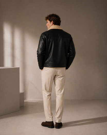 HEFNEX Premium Winter Leather Jacket for Men – Classic Black Shearling Collar Edition