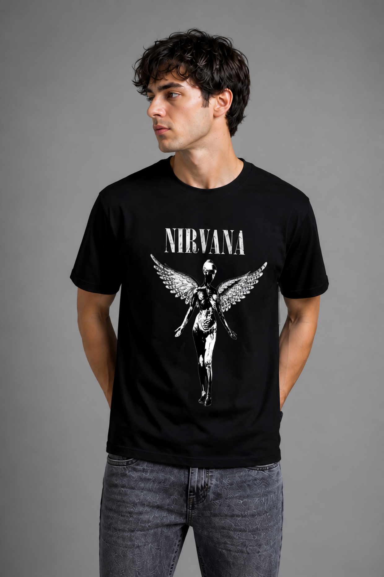 HEFNEX Grunge Nirvana Graphic Tee – Black Angel Wings Edition Dark Aesthetic