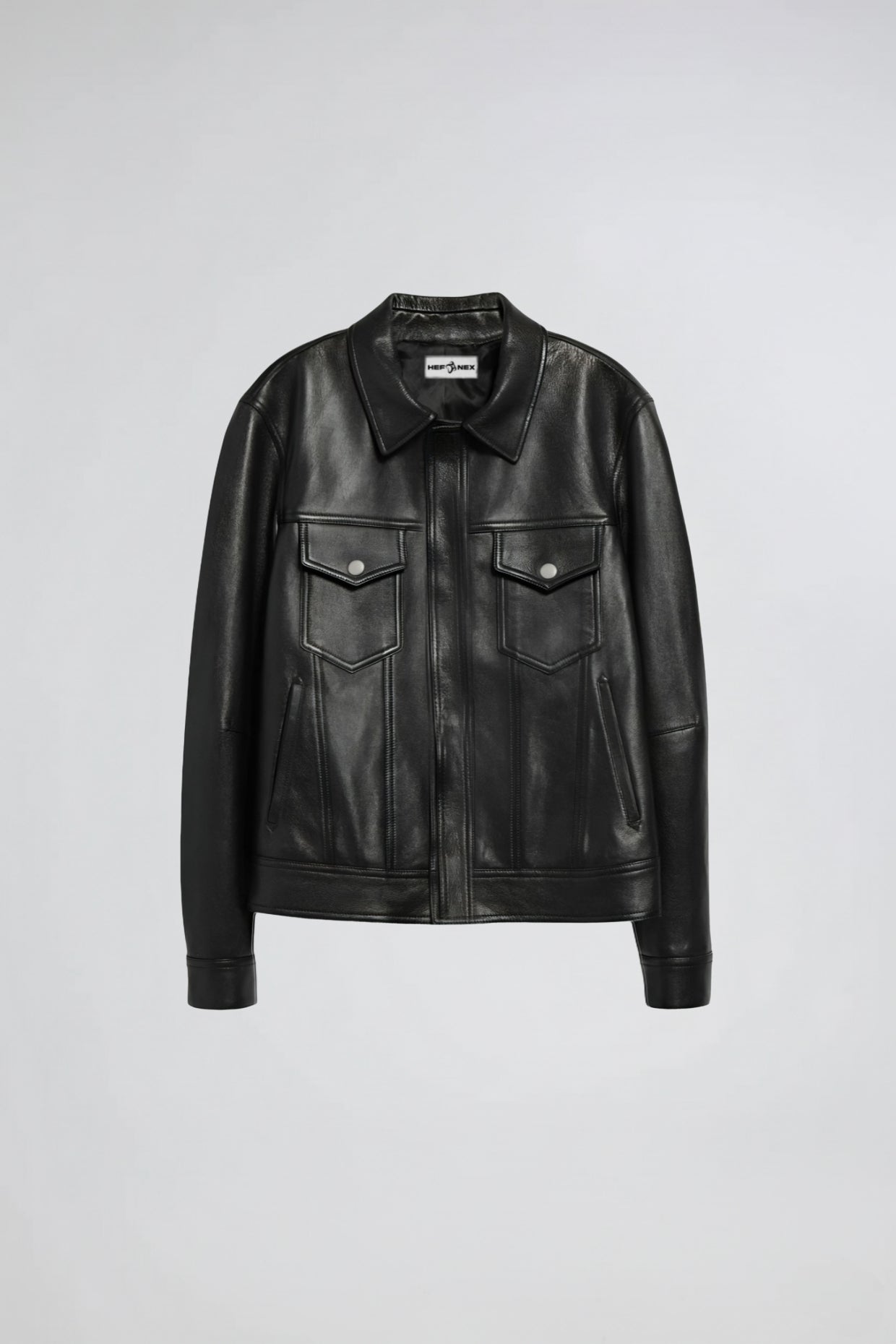 HEFNEX Men’s Black Leather Trucker Jacket – Classic Front Zip Closure with Flap Pockets and Timeless Stylish Design