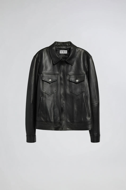 HEFNEX Men’s Black Leather Trucker Jacket – Classic Front Zip Closure with Flap Pockets and Timeless Stylish Design