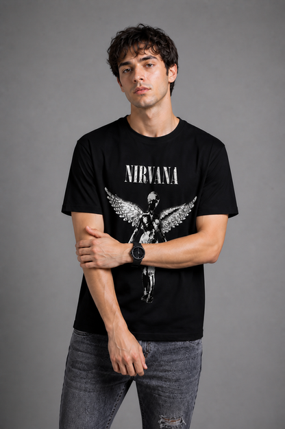 HEFNEX Grunge Nirvana Graphic Tee – Black Angel Wings Edition Dark Aesthetic