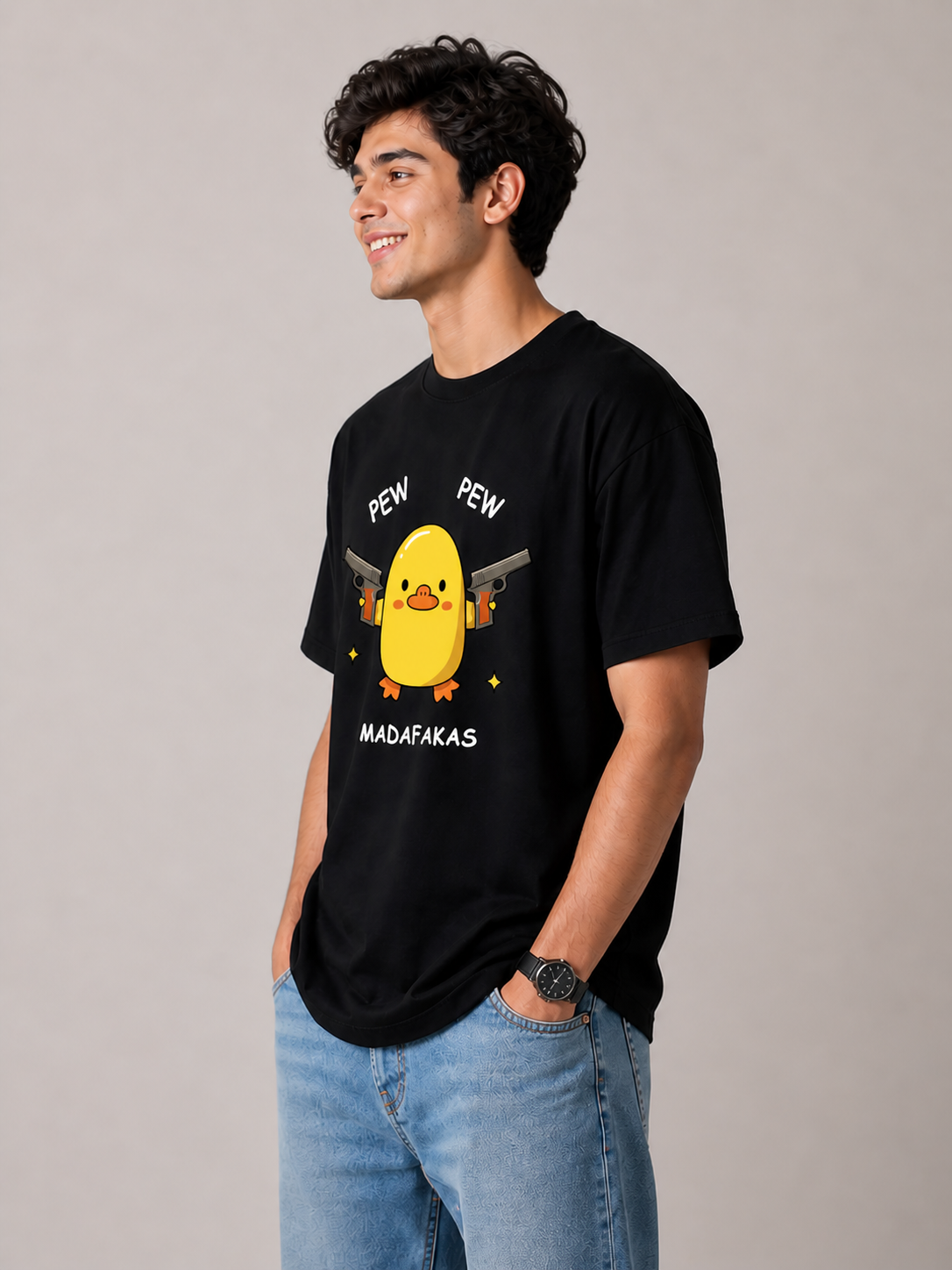 HEFNEX Men’s Cotton T-Shirt – “Pew Pew Duck” Funny Print | Stylish Everyday Tee