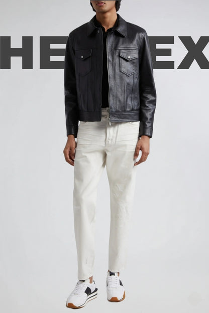 HEFNEX Men’s Black Leather Trucker Jacket – Classic Front Zip Closure with Flap Pockets and Timeless Stylish Design