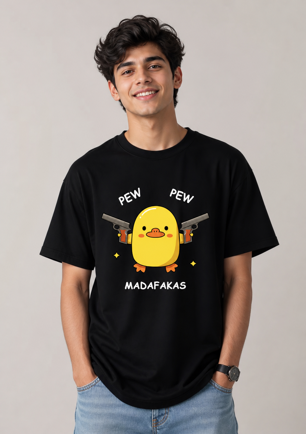 HEFNEX Men’s Cotton T-Shirt – “Pew Pew Duck” Funny Print | Stylish Everyday Tee