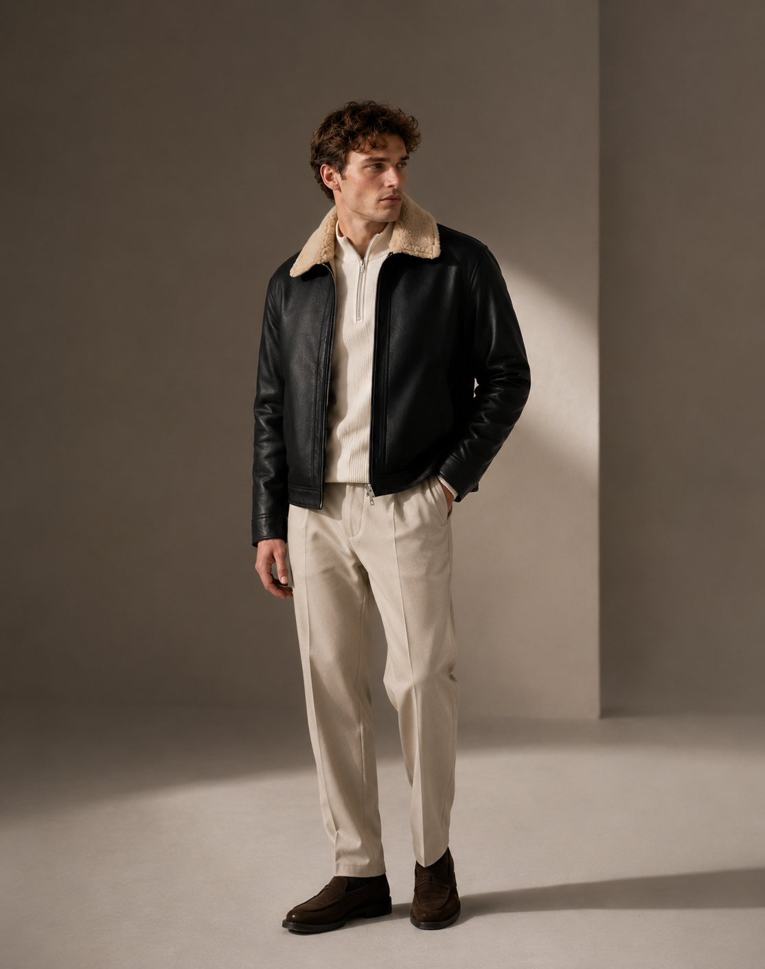 HEFNEX Premium Winter Leather Jacket for Men – Classic Black Shearling Collar Edition