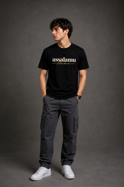 HEFNEX Assalamu Alaikum Printed T-Shirt – Elegant Minimal Typography | Black Cotton Casual Tee for Men